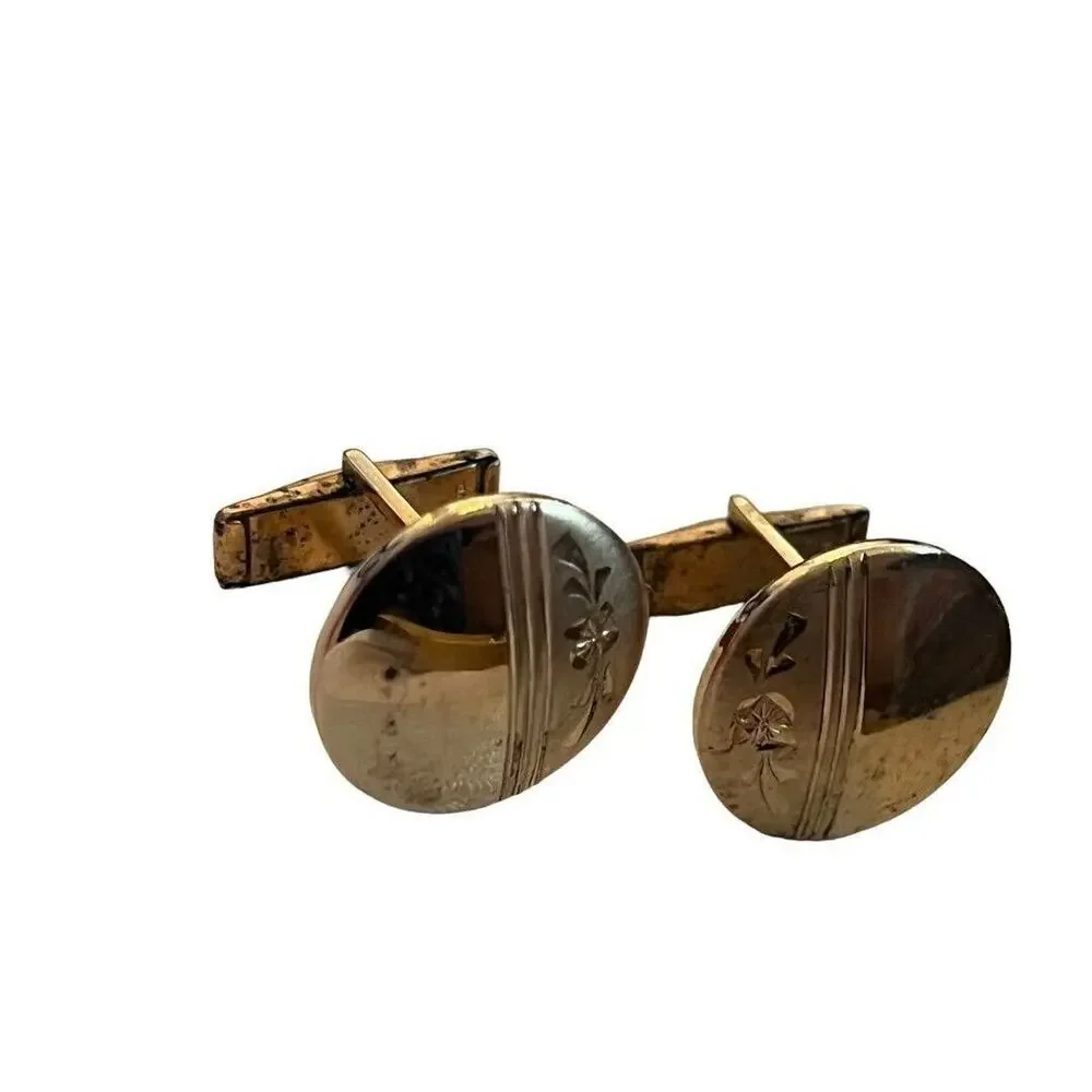 Vintage Gold Tone Floral Etched Round Cufflinks